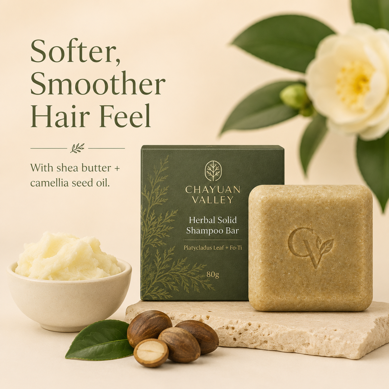 Plant-based solid shampoo bar for low-waste scalp care routine