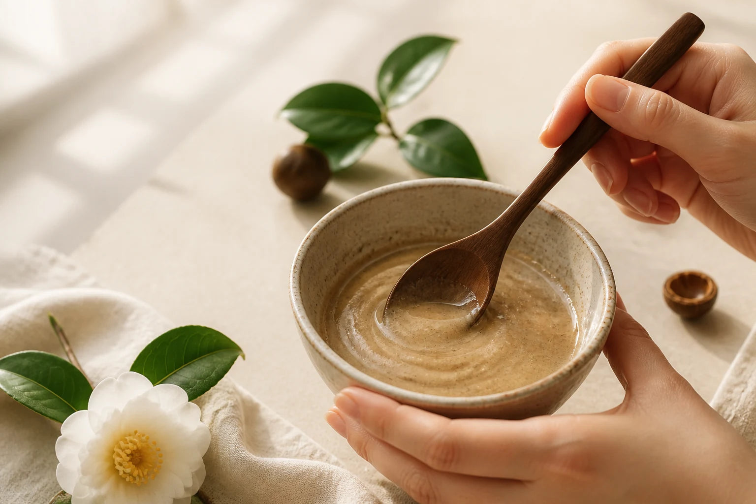 Camellia seed powder blended with warm water in a ceramic bowl